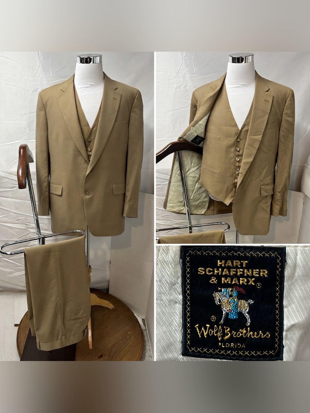 Hart Schaffner Marx Vintage Men's 44R Blazer 39x30 Pants Vest Tan 3-Piece Suit - Picture 2 of 11